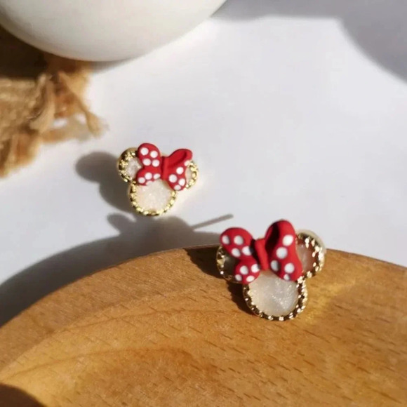 Dainty Gold Minnie Mouse Bow Stud Earrings Minnie Gold & Red Polka Dot Studs - Picture 5 of 9